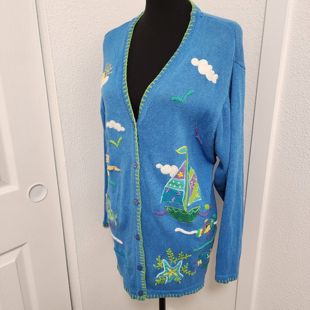 Vintage Quacker Factory Blue Tropical Seashort Cardigan Sweater - Picture 2 of 9